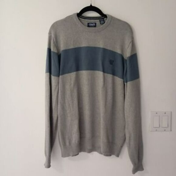 Chaps Gray & Blue Striped Mens Sweater XL 100% Cotton Crewneck - Picture 1 of 12